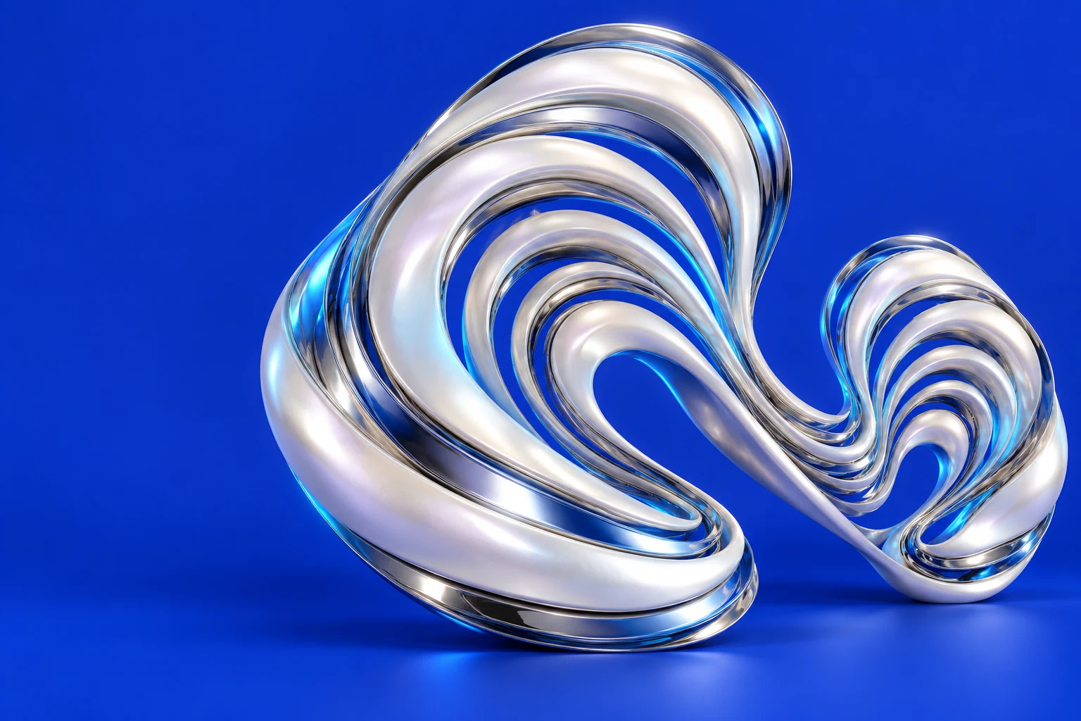 A luminous silver fingerprint ribbon branches into a second form on cobalt blue